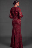 Dark Green Floral Mermaid Puff Sleeves Long Wedding Guest Dress