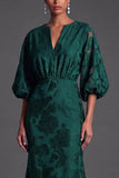 Dark Green Floral Mermaid Puff Sleeves Long Wedding Guest Dress