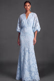 Dark Green Floral Mermaid Puff Sleeves Long Wedding Guest Dress