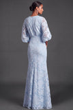 Dark Green Floral Mermaid Puff Sleeves Long Wedding Guest Dress