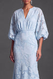 Dark Green Floral Mermaid Puff Sleeves Long Wedding Guest Dress