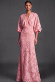 Dark Green Floral Mermaid Puff Sleeves Long Wedding Guest Dress