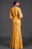 Dark Green Floral Mermaid Puff Sleeves Long Wedding Guest Dress