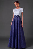 Blue Floral A Line Jacquard Long Wedding Guest Dress with Bow