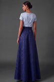 Blue Floral A Line Jacquard Long Wedding Guest Dress with Bow
