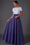 Blue Floral A Line Jacquard Long Wedding Guest Dress with Bow