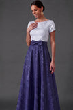 Blue Floral A Line Jacquard Long Wedding Guest Dress with Bow