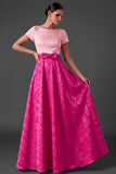 Blue Floral A Line Jacquard Long Wedding Guest Dress with Bow