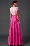 Blue Floral A Line Jacquard Long Wedding Guest Dress with Bow