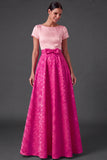 Blue Floral A Line Jacquard Long Wedding Guest Dress with Bow