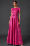 Fuchsia Floral Jacquard A Line Long Wedding Guest Dress with Bow