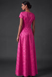 Fuchsia Floral Jacquard A Line Long Wedding Guest Dress with Bow