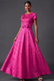 Fuchsia Floral Jacquard A Line Long Wedding Guest Dress with Bow