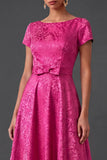 Fuchsia Floral Jacquard A Line Long Wedding Guest Dress with Bow