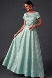 Fuchsia Floral Jacquard A Line Long Wedding Guest Dress with Bow