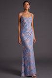 Blue Floral Mermaid Ruched Corset Long Wedding Guest Dress