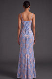 Blue Floral Mermaid Ruched Corset Long Wedding Guest Dress