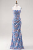 Blue Floral Mermaid Ruched Corset Long Wedding Guest Dress