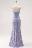 Blue Floral Mermaid Ruched Corset Long Wedding Guest Dress