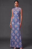Blue Floral Mermaid Lace High Neck Long Wedding Guest Dress
