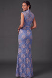 Blue Floral Mermaid Lace High Neck Long Wedding Guest Dress
