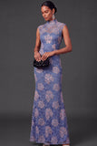 Blue Floral Mermaid Lace High Neck Long Wedding Guest Dress