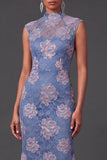 Blue Floral Mermaid Lace High Neck Long Wedding Guest Dress