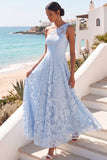 One Shoulder Light Blue Floral A Line Long Wedding Guest Dress