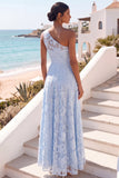 One Shoulder Light Blue Floral A Line Long Wedding Guest Dress