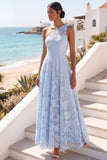 One Shoulder Light Blue Floral A Line Long Wedding Guest Dress
