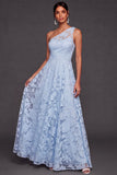One Shoulder Light Blue Floral A Line Long Wedding Guest Dress