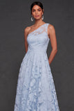 One Shoulder Light Blue Floral A Line Long Wedding Guest Dress
