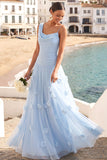 Light Blue Floral A Line Long Wedding Guest Dress