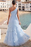 Light Blue Floral A Line Long Wedding Guest Dress