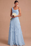 Light Blue Floral A Line Long Wedding Guest Dress