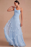 Light Blue Floral A Line Long Wedding Guest Dress