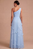 Light Blue Floral A Line Long Wedding Guest Dress