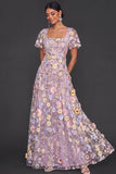 Lilac A Line Floral Appliqued Square Neck Long Wedding Guest Dress