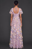 Lilac A Line Floral Appliqued Square Neck Long Wedding Guest Dress