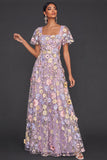 Lilac A Line Floral Appliqued Square Neck Long Wedding Guest Dress