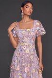 Lilac A Line Floral Appliqued Square Neck Long Wedding Guest Dress