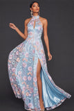 Light Blue Floral Keyhole Embroidery High Neck Long Wedding Guest Dress with Slit