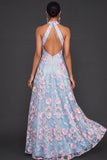 Light Blue Floral Keyhole Embroidery High Neck Long Wedding Guest Dress with Slit