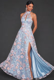 Light Blue Floral Keyhole Embroidery High Neck Long Wedding Guest Dress with Slit