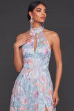 Light Blue Floral Keyhole Embroidery High Neck Long Wedding Guest Dress with Slit