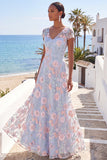 Light Blue Floral Embroidery Floral Long Wedding Guest Dress with Sleeves