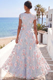 Light Blue Floral Embroidery Floral Long Wedding Guest Dress with Sleeves