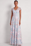 Light Blue Floral Embroidery Floral Long Wedding Guest Dress with Sleeves