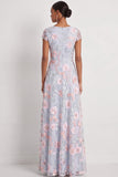 Light Blue Floral Embroidery Floral Long Wedding Guest Dress with Sleeves