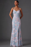 Light Blue Floral Embroidery Spaghetti Straps Long Wedding Guest Dress with Slit